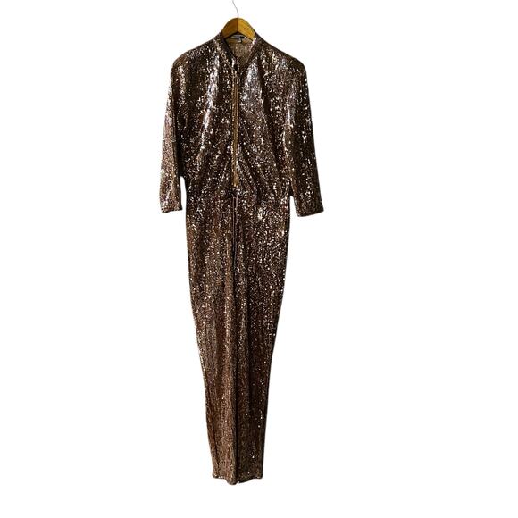 Fashion Nova Is This Star Taken Sequin Half Zip Jumpsuit Size L Large Rose Gold - Picture 2 of 8